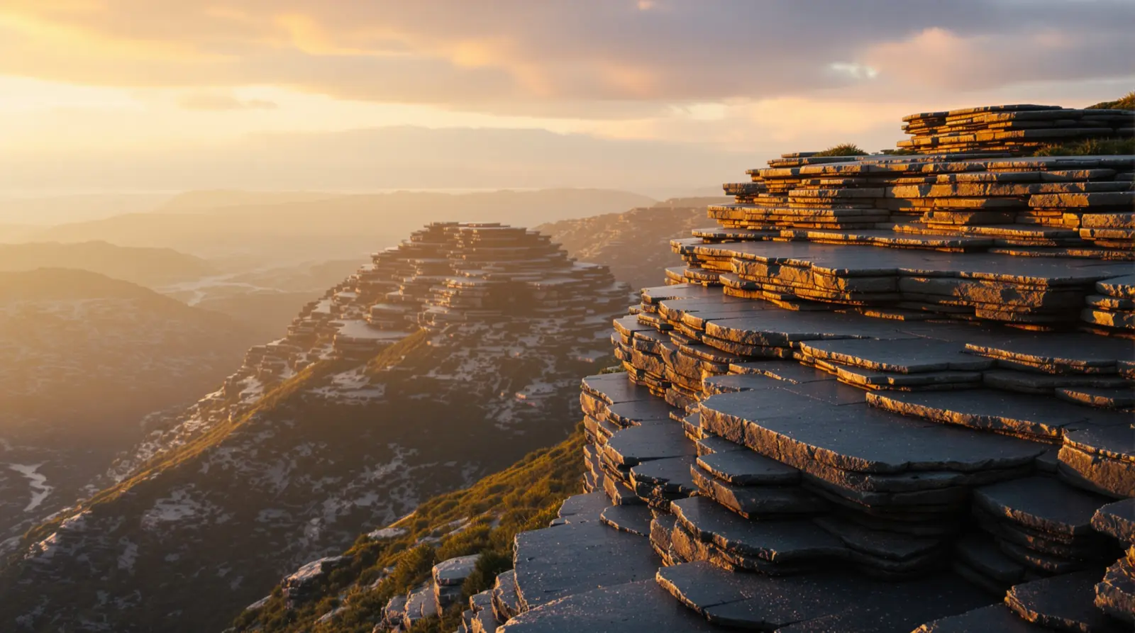 Layered slate rock ledges catching saffron dawn light, the backdrop to Funds Spire loan requests from $100 – $5,000